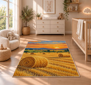 Hay Bales at Golden Hour rug in a nursery beside a crib and dresser