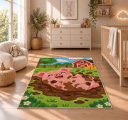 Happy Pig in Mud rug in a nursery beside a crib and dresser