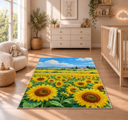 Sunflower Field Farmhouse rug in a nursery beside a crib and dresser