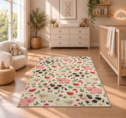 Farm Animals Pattern rug in a nursery beside a crib and dresser