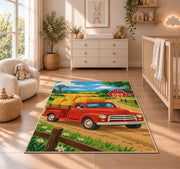 Red Pickup with Hay Bales rug in a nursery beside a crib and dresser