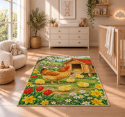 Spring Chicken Coop rug in a nursery beside a crib and dresser