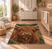 Highland Cow Close-Up rug in a nursery beside a crib and dresser