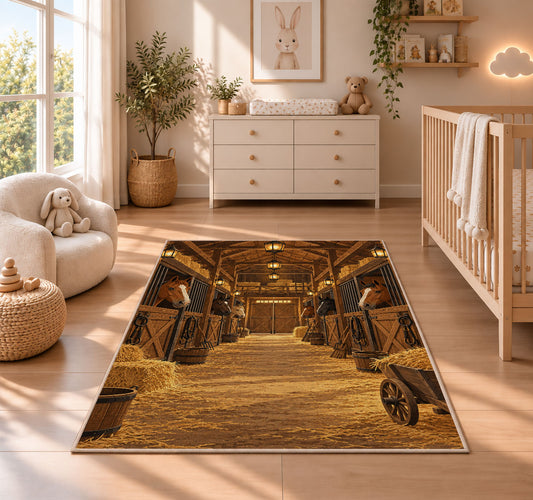 Horse Stable Barn Interior rug in a nursery beside a crib and dresser