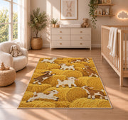 Goats on Hay Bales rug in a nursery beside a crib and dresser