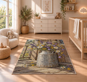 Milk Can with Wildflowers rug in a nursery beside a crib and dresser