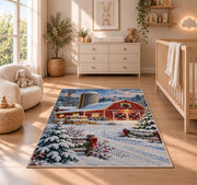 Snowy Farm at Christmas rug in a nursery beside a crib and dresser