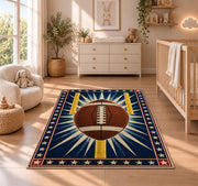 Starburst Football rug in a nursery beside a crib and dresser