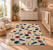 Football Gear Pattern rug in a nursery beside a crib and dresser