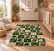 Checkered Football rug in a nursery beside a crib and dresser
