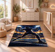 Quarterback Stadium Lights rug in a nursery beside a crib and dresser