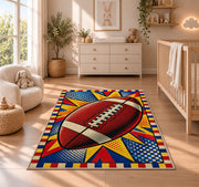 Pop Art Football rug in a nursery beside a crib and dresser
