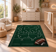Football Playbook Chalkboard rug in a nursery beside a crib and dresser