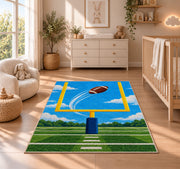 Field Goal Kick rug in a nursery beside a crib and dresser