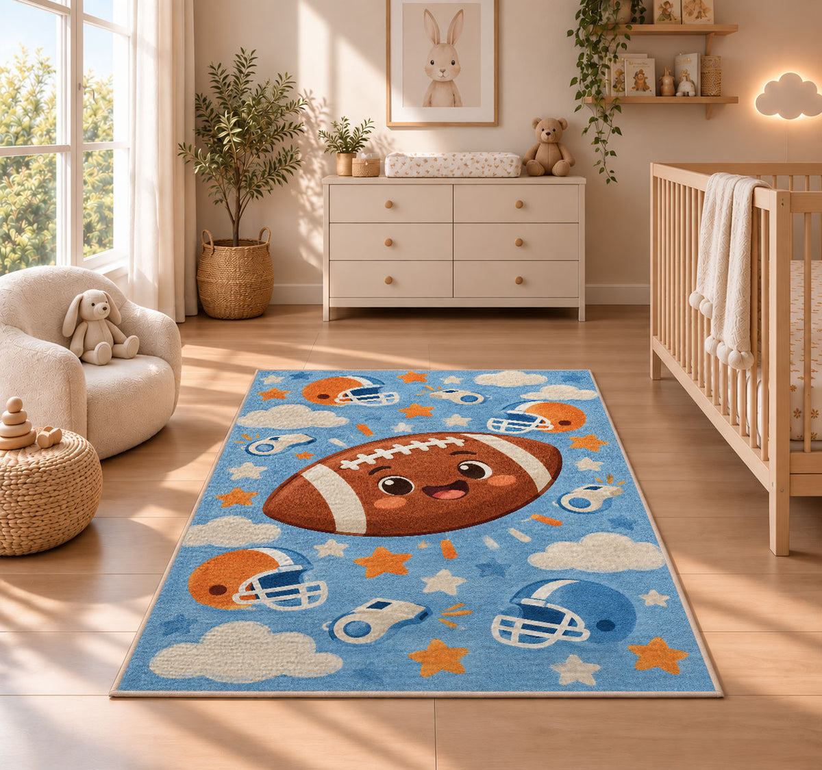 Cute Cartoon Football rug in a nursery beside a crib and dresser
