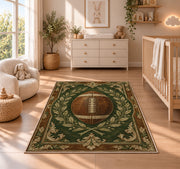 Vintage Leather Football rug in a nursery beside a crib and dresser