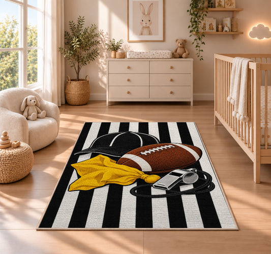 Football Referee rug in a nursery beside a crib and dresser
