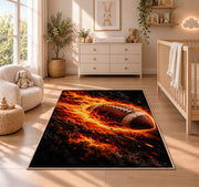 Flaming Football rug in a nursery beside a crib and dresser