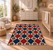 Football Argyle rug in a nursery beside a crib and dresser