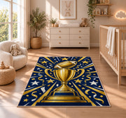 Football Championship Trophy rug in a nursery beside a crib and dresser
