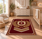 Varsity Football Emblem rug in a nursery beside a crib and dresser
