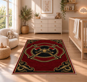Vintage Firefighter Badge rug in a nursery beside a crib and dresser