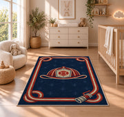 Fire Hose Frame Helmet rug in a nursery beside a crib and dresser