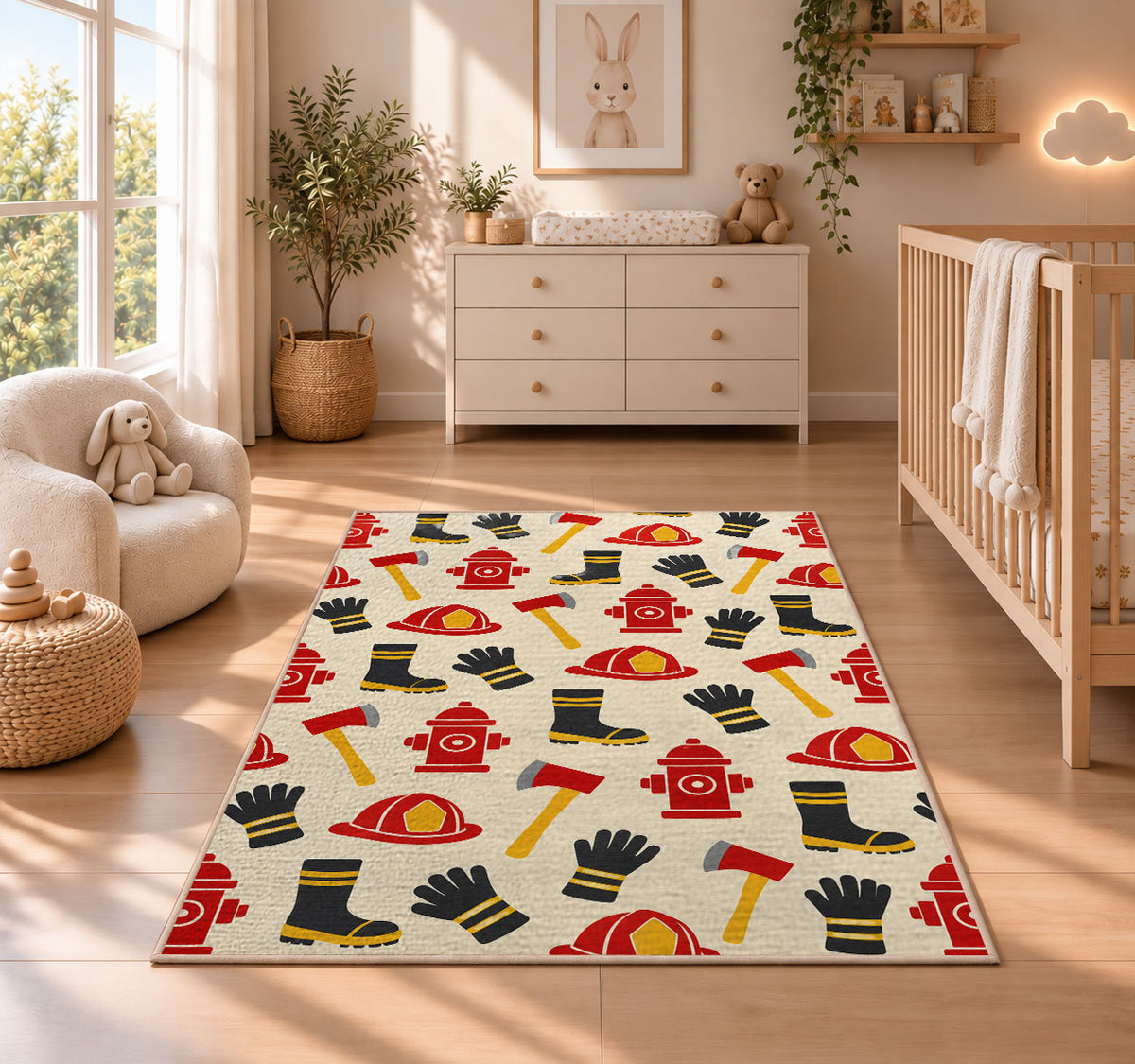 Firefighter Gear Pattern rug in a nursery beside a crib and dresser