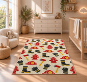 Firefighter Gear Pattern rug in a nursery beside a crib and dresser