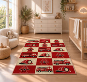 Retro Checkered Fire Truck rug in a nursery beside a crib and dresser
