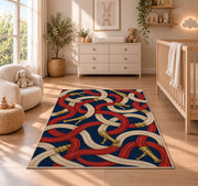 Fire Hose Pattern rug in a nursery beside a crib and dresser