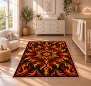 Flame Mandala rug in a nursery beside a crib and dresser