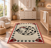 Sleeping Dalmatian rug in a nursery beside a crib and dresser