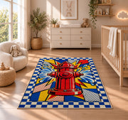 Pop Art Fire Hydrant rug in a nursery beside a crib and dresser