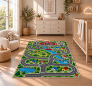 Fire Station Town Road rug in a nursery beside a crib and dresser