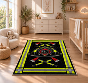Reflective Stripe Fire Helmet rug in a nursery beside a crib and dresser