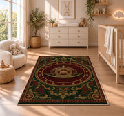 Vintage Fire Helmet Medallion rug in a nursery beside a crib and dresser