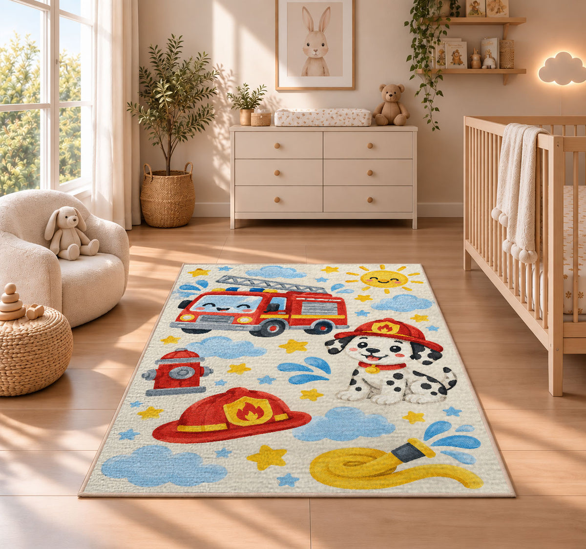 Cute Fire Truck and Dalmatian rug in a nursery beside a crib and dresser