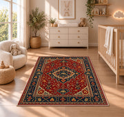 Persian Style Firefighter rug in a nursery beside a crib and dresser