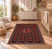 Maltese Cross Lattice rug in a nursery beside a crib and dresser