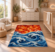 Fire and Water Waves rug in a nursery beside a crib and dresser
