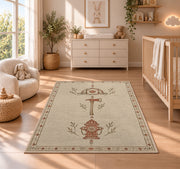 Minimalist Firefighter Line Art rug in a nursery beside a crib and dresser