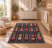 Fire Truck Parking Lot rug in a nursery beside a crib and dresser