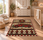 Vintage Fire Truck rug in a nursery beside a crib and dresser