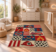 Firefighter Patchwork rug in a nursery beside a crib and dresser
