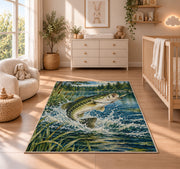 Leaping bass lake rug in a nursery beside a crib and dresser