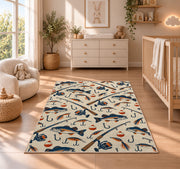 Fishing gear pattern rug in a nursery beside a crib and dresser