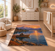 Sunrise fishing boat rug in a nursery beside a crib and dresser