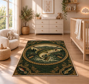 Vintage bass badge rug in a nursery beside a crib and dresser