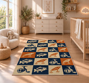 Retro fishing checkered rug in a nursery beside a crib and dresser